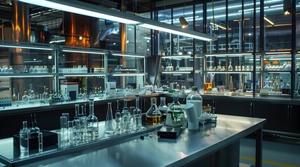 Experimental Laboratory with Illuminated Scientific Equipment and Glassware
