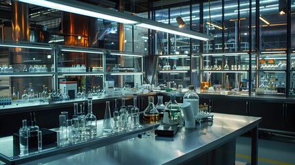 Fototapeta premium Experimental Laboratory with Illuminated Scientific Equipment and Glassware