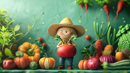 Fototapeta premium An animated garden gnome, joyfully holding a large tomato, surrounded by a vibrant array of harvest vegetables in a lush garden setting. 