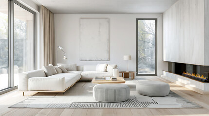 An elegant and modern living room featuring a minimalist Scandinavian design, complete with a stylish sofa set, chic poufs, and a sleek fireplace.