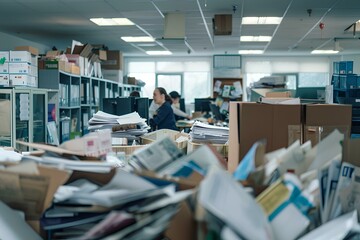 A messy office with a lot of paper.