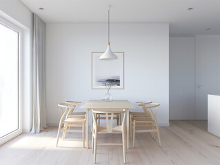 Bright Scandinavian Dining Room with Minimalist Design. A modern Scandinavian dining area showcasing a clean, minimalist aesthetic with a wooden table, designer chairs, and a serene wall art.