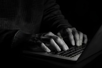 Black and white photo of a person typing on a laptop keyboard in the dark