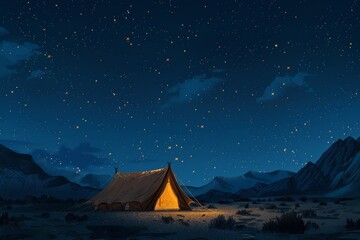 Peaceful retreat under the starlit sky: a cozy tent for disconnecting and relaxing in a tranquil 2d cartoon world