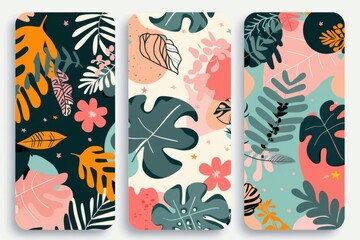 Modern instagram story templates and highlight covers featuring floral and tropical leaf patterns. Abstract minimalist and trendy style wallpapers for social media