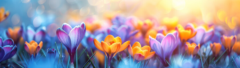Blossoming crocus flowers in a vibrant spring field, close-up shot, created with AI technology.
