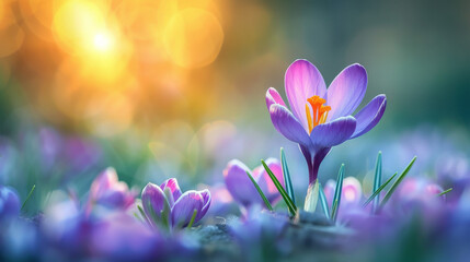 A close-up shot of a fully blossomed crocus flower in a vibrant spring field, creating a beautiful and lively background. The image is generated with the help of artificial intelligence technology.