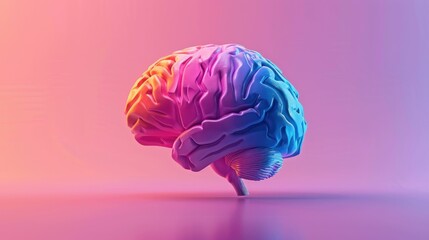 Vibrant 3D Illustration of a Human Brain on a Colorful Pink, Blue, and Purple Background with Gradient Effect