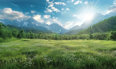 Beautiful green meadow with trees and mountains in the background, sunny day 