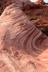 The beautiful waves and curves of the Fire Wave, a red sandstone rock formation formed by erosion - Valley of Fire State Park, Nevada, USA