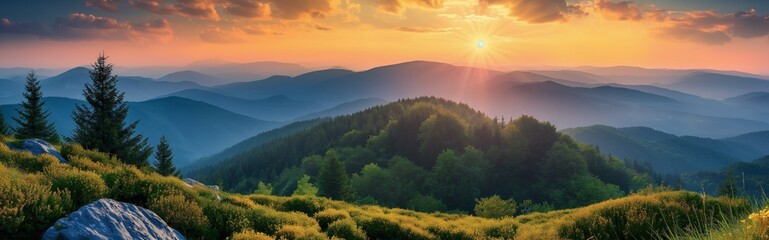 Sunrise in the mountains panoramic view amazing landscape beautiful.
