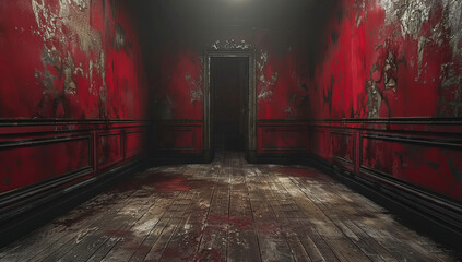 Rustic Ambiance: Large Empty Room with Worn Wooden Floors and Red Walls