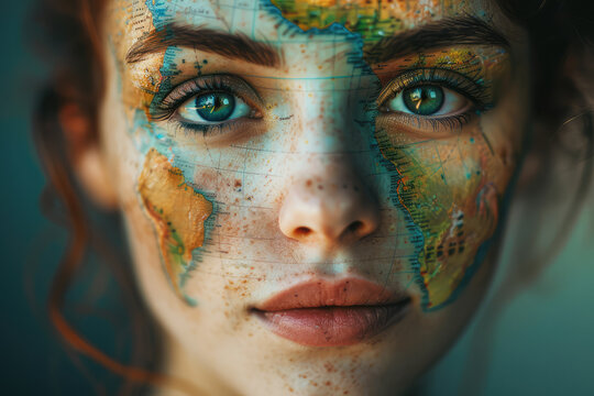 portrait of young woman with world map painted on her face