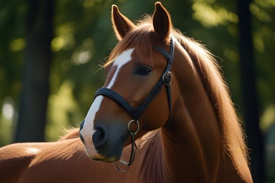 ull-height portrait of stunning chestnut budyonny gelding horse in brown bridle near green trees in daytime in sunlight