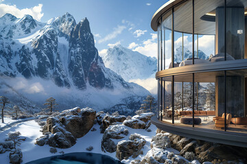 ski resort in the mountains, A luxurious mountain-side retreat, perched on the edge of a precipice...