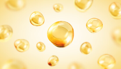 Golden oil bubbles, liquid collagen or serum. Skin care cosmetic product texture or clear essence. Concept skin care cosmetics solution. Vector realistic illustration