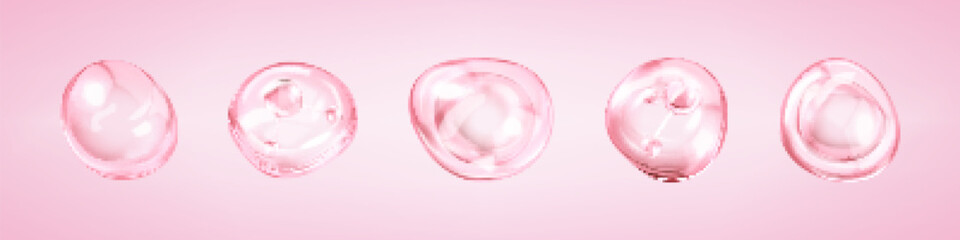 Molecules inside bubbles on pink background. Collagen serum bubble. Cosmetic essence. Concept skin care cosmetics solution. Vector 3d illustration