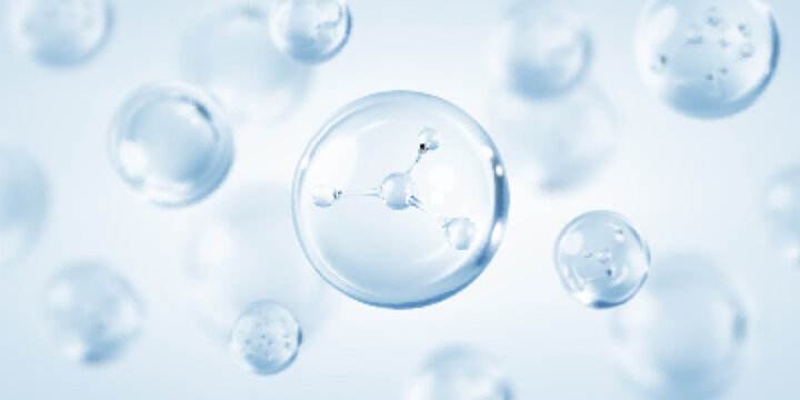 Molecule inside bubble on blue background. Blue collagen serum drops. Concept skin care cosmetics solution. Vector illustration