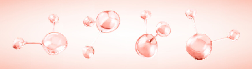 Pink collagen serum molecules. 3D abstract molecular structures. Beauty science skincare molecular concept. Vector 3d illustration