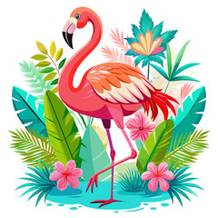 Flamingo with tropical flowers and palm leaves. Vector illustration.