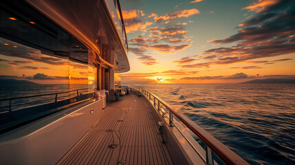 photo of the back deck of an expensive yacht, golden sunset in the background,