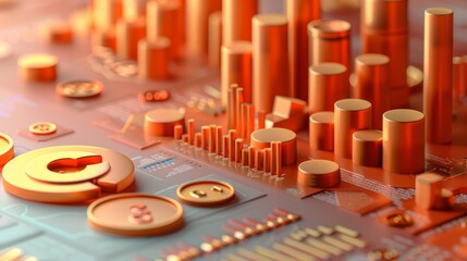 3D rendering of an abstract technological background. Futuristic copper colored circuit board with microchips and electronic components.