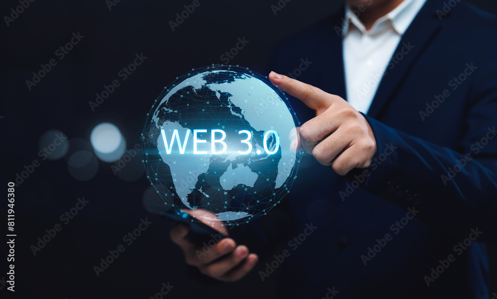 Poster future internet blockchain business person interacting with web 3.0 global communication and network