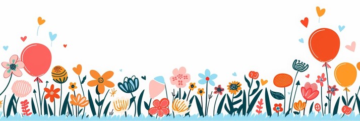 Children's Day banner with balloons, flowers and grass in the style of cartoon. The text "Children's Day" is written in the center of the banner. Children concept art for a poster, card or celebration