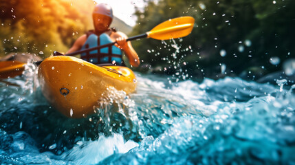 Fototapeta premium Whitewater kayaking, extreme sport rafting. front view man in kayak sails mountain river. banner for advertising extreme recreation in mountain rivers
