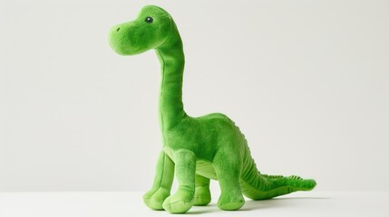 A vibrant green plush dinosaur stands solitary against a crisp white backdrop