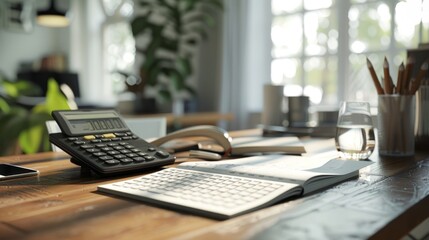 A desk with a calculator, open book and a pencil holder with pencils.