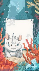 Friendly Underwater Rhinoceros Exploring Coral Reef Environment