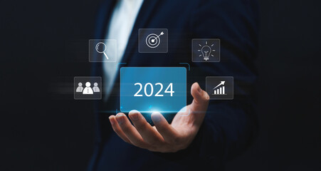 Businessman's Strategic Planning, Creative Thinking, and Target Goals for Year 2024, Achieving Success through Innovative Strategies.