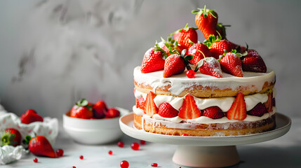Delicious strawberry biscuit cake torte dessert with fresh berries and butter cream on concrete background. Ai generated. - obrazy, fototapety, plakaty