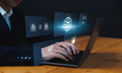 Modern Business Person Conducting Cashless Online Banking Transactions via Computer Laptop for Instant Money Transfer to Individuals and Businesses.