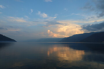 Stunning scenery of volcanic lake Toba - largest and deepest crater lake in the world located in North Sumatra, Indonesia