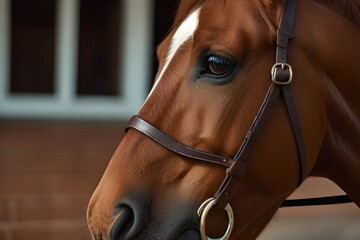 closeup portrait of stunning chestnut budyonny gelding horse in brown bridle near stable