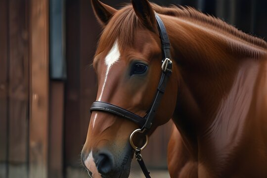 closeup portrait of stunning chestnut budyonny gelding horse in brown bridle near stable