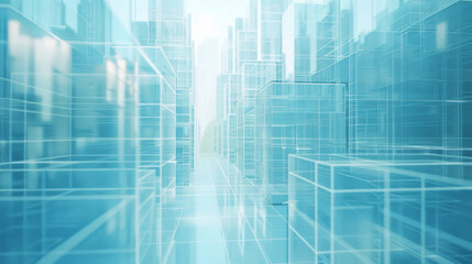 Obraz premium Line-based translucent graphics with street scenery, block buildings, city center, Business center, smart city, future city, 