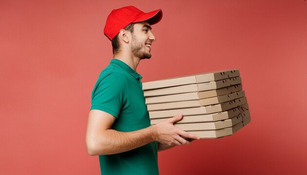 A happy smiling man wearing a green tshirt and red baseball hat delivering pizza boxes side shot