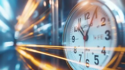 Classic alarm clock surrounded by dynamic light trails, symbolizing high-speed time passage. The visual effect of motion blur and the focused clarity on the clock face evoke themes of urgency - Powered by Adobe