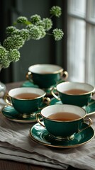 Exquisite Green and Gold Inlaid Tea Cup and Saucer Collection - Captivating 4K Wallpaper for Collectors