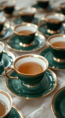 Fototapeta premium Exquisite Green and Gold Inlaid Tea Cup and Saucer Collection - Captivating 4K Wallpaper for Collectors