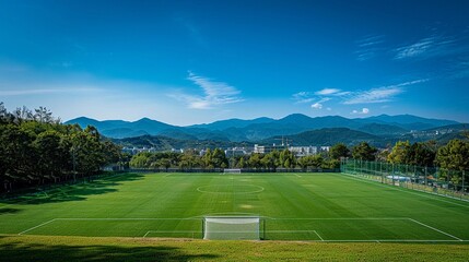 Naklejka premium Scenic Landscape, a wide-angle shot of the soccer field, green expanse set against a backdrop of natural beauty