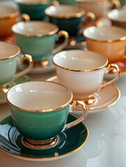 Obraz premium Exquisite Green and Gold Inlaid Tea Cup and Saucer Collection - Captivating 4K Wallpaper for Collectors