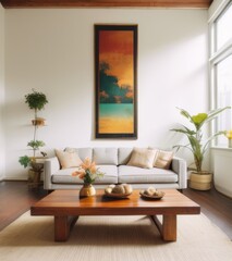 A beautiful boho living room interior with wooden coffee table, white sofa and abstract painting on the wall