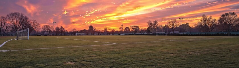 Golden Hour Glory, the soccer field bathed in the warm light of the setting sun