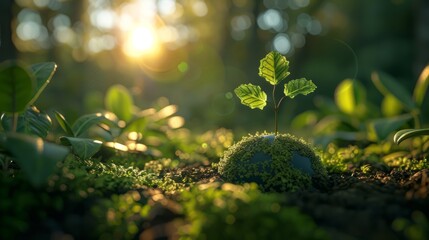 Close-up of a tiny green plant growing in the middle of a lush green forest. The sun is shining brightly in the background, creating a beautiful and serene scene.