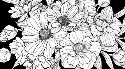 Fototapeta premium Monochrome Floral Bouquet on Black Background