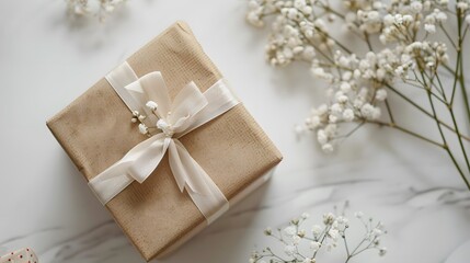 a decorated gift box, elegantly wrapped and adorned with minimalist embellishments, set against a pristine white background for a timeless appeal.